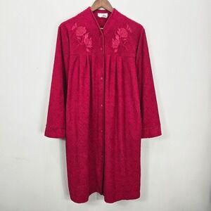 Vintage Miss Elaine Robe S Red Floral Terry Textured Embroidered‎ House Coat Vtg